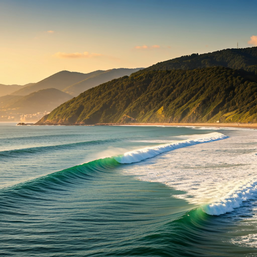 Playa de Zarautz durante la hora dorada, ideal para el surf y rodeada de montañas verdes.